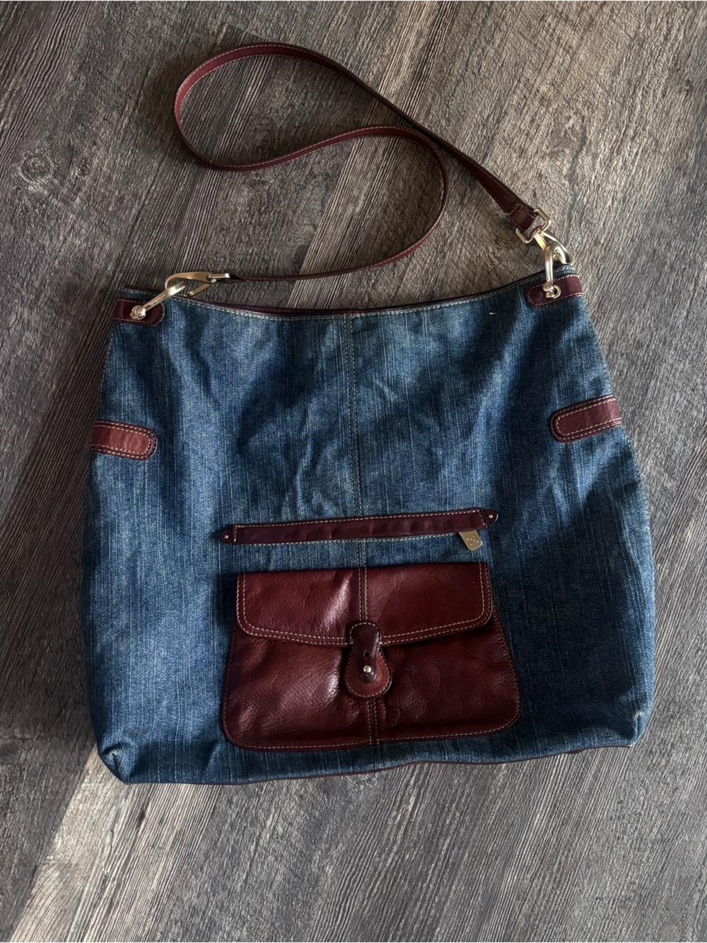 Vintage 90s Liz Claiborne Denim & Leather Crossbody Hobo Messenger Bag - Picture 2 of 5
